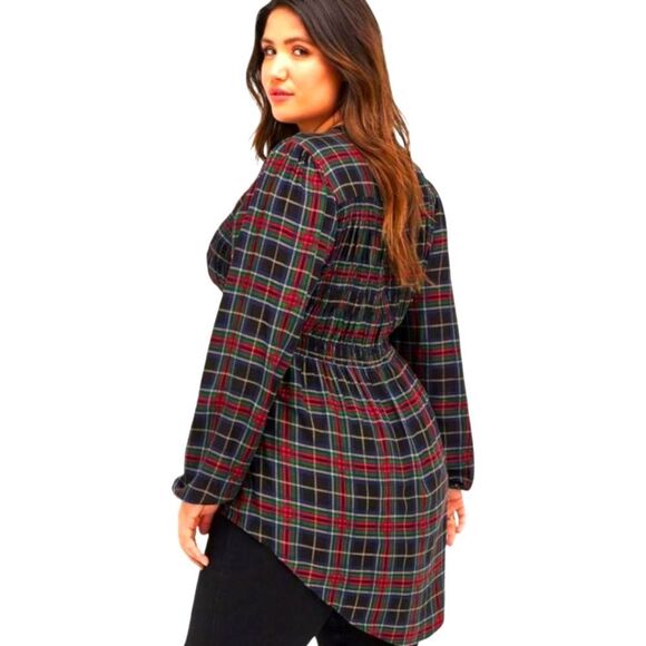 TORRID Plus Size Babydoll Twill Smocked Button Front Plaid Hi-Lo Hem Tunic 2X - Picture 10 of 16